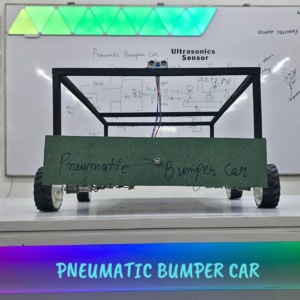 Front view of advanced pneumatic bumper car showing ultrasonic sensor-based obstacle detection and automatic safety system