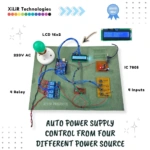 Arduino based auto power supply control system with relay module, LCD display, bulb, and multiple power source switching setup including solar, inverter, generator, and AC mains.