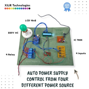 Arduino based auto power supply control system with relay module, LCD display, bulb, and multiple power source switching setup including solar, inverter, generator, and AC mains.