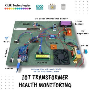 IoT Transformer Health Monitoring system using Arduino, ultrasonic oil level sensor, MQ135 gas sensor, DHT11, voltage sensor, Wi-Fi module and LCD display.