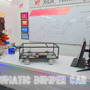 This image demonstrates the working model of the advanced pneumatic bumper car system. When an obstacle is detected by the ultrasonic sensor, the pneumatic system activates instantly to reduce impact and improve vehicle safety.