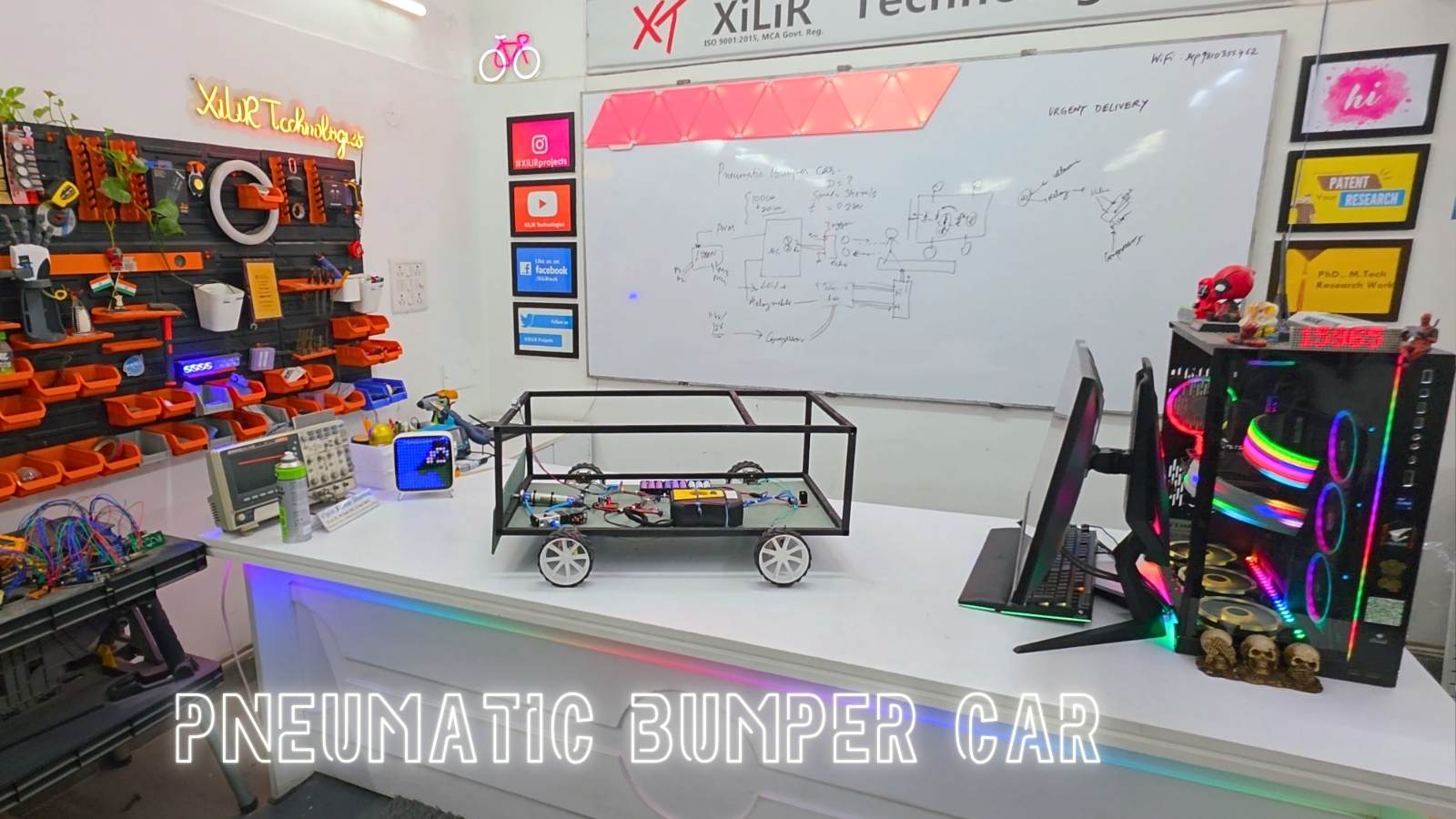 This image demonstrates the working model of the advanced pneumatic bumper car system. When an obstacle is detected by the ultrasonic sensor, the pneumatic system activates instantly to reduce impact and improve vehicle safety.