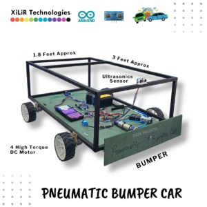 Working model of advanced pneumatic bumper car with automatic obstacle detection and braking system