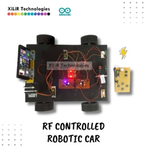 RF Remote Controlled Surveillance Robotic Car block diagram showing microcontroller, RF transmitter, RF receiver, motor driver, DC motors, servo motor, voltage regulator, and 12V battery connections.