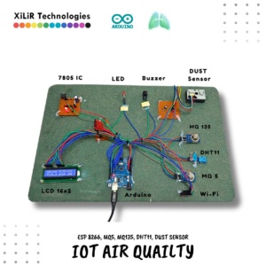 This image represents the block diagram of a Smart IoT and AI-based air quality and pollution monitoring system. The system uses PM2.5 dust sensor, MQ135 air quality sensor, and MQ5 gas sensor to detect harmful pollutants in the environment. Data is processed using Arduino and transmitted to the ThingSpeak cloud via ESP8266 for real-time monitoring, analysis, and prediction of air pollution levels.