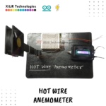 Block diagram of Hot Wire Anemometer using Arduino showing power supply, voltage divider, hot wire filament, microcontroller, battery, DC fan, and LCD display connections.