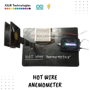 Block diagram of Hot Wire Anemometer using Arduino showing power supply, voltage divider, hot wire filament, microcontroller, battery, DC fan, and LCD display connections.