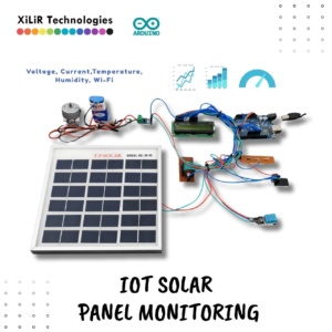 This image presents a ThingSpeak IoT dashboard visualizing real-time solar panel performance parameters including voltage, current, temperature, and humidity collected using an Arduino-based monitoring system with wireless cloud connectivity.