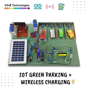 IoT-based Smart Green Parking System with solar panel, wireless charging circuit, IR sensors, microcontroller, Wi-Fi, LCD display, and servo motor gate control.