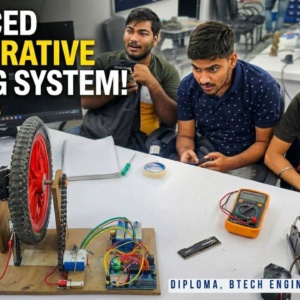 This regenerative braking system with ABS project demonstrates an advanced braking mechanism used in electric vehicles. The model integrates a rotating wheel connected via chain drive to a DC motor acting as a generator. During braking, kinetic energy is converted into electrical energy and stored in a battery pack. The system also includes an ultrasonic sensor and Arduino for implementing basic ABS (Anti-lock Braking System) functionality, preventing wheel locking and improving safety. This project is ideal for electrical, electronics, and mechanical engineering students.