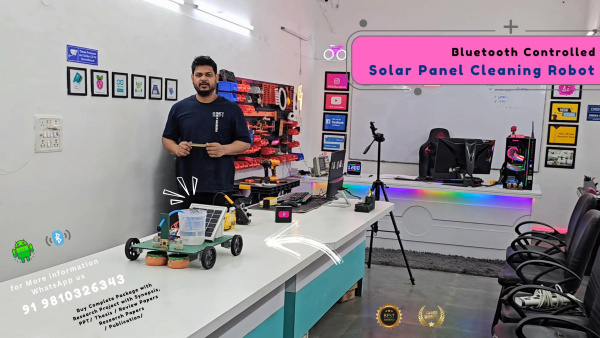 The system is powered by an Arduino UNO, which interfaces with two L293D motor driver modules to control the motion of the robot and the mopping mechanisms. The cleaning arms consist of rotating or sliding mop heads driven by DC motors, providing gentle yet effective cleaning action. After mopping, a DC fan mounted on the robot blows air across the panel to dry any remaining moisture or dust particles.