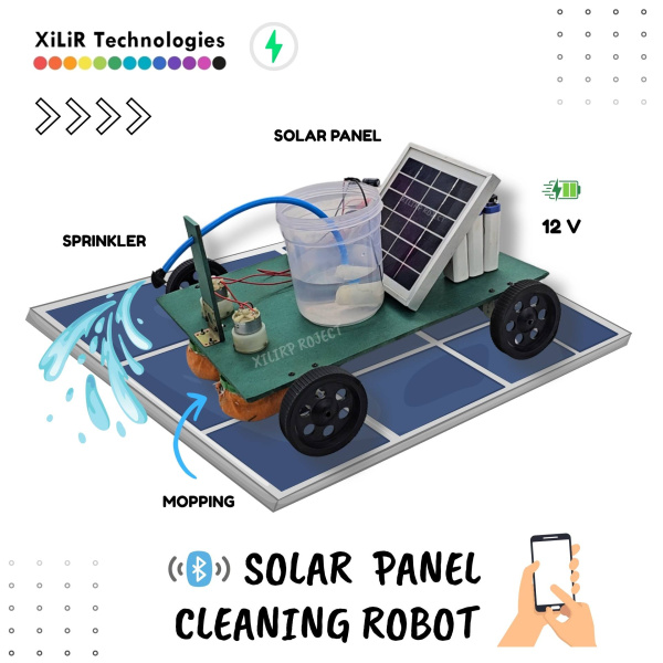 wireless solar panel cleaning robot, Arduino solar panel cleaner, automatic solar cleaning system, solar panel mop robot, Arduino cleaning robot project, L293D motor driver robot, Bluetooth controlled cleaning robot, solar maintenance robot using Arduino, renewable energy cleaning solution, DIY solar panel cleaner, Arduino based solar panel cleaner, robot for solar panel cleaning, DC fan solar robot, dual mop solar robot, automatic solar panel duster