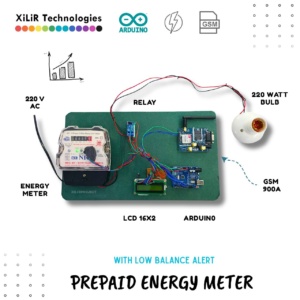 Smart prepaid energy meter using Arduino and GSM module with LCD display for real-time electricity monitoring and prepaid balance management.