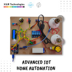 This image shows a fully functional IoT-enabled home automation setup using Arduino UNO, 4-channel relay module, ESP8266 Wi-Fi, DHT11 sensor, PIR motion detector, MQ135 air quality sensor, and a servo motor. It demonstrates real-time control of lights, motor, smart locking, and environmental monitoring with web dashboard integration.