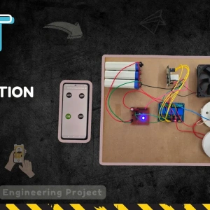 The image shows an IoT-enabled home automation prototype using NodeMCU ESP8266, 4-channel relay module, and AC appliances like bulbs and fans, all wirelessly controlled via a smartphone app using Blynk or ThingSpeak.