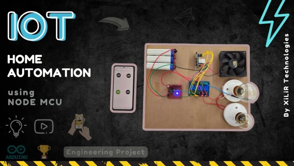 The image shows an IoT-enabled home automation prototype using NodeMCU ESP8266, 4-channel relay module, and AC appliances like bulbs and fans, all wirelessly controlled via a smartphone app using Blynk or ThingSpeak.