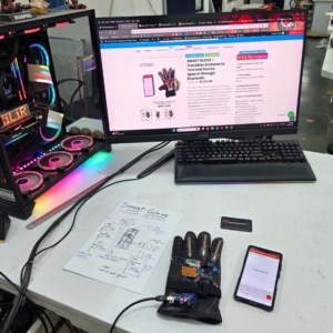 Smart glove for dumb and deaf people that translates sign language gestures into text using Arduino and flex sensors – an assistive technology engineering project.