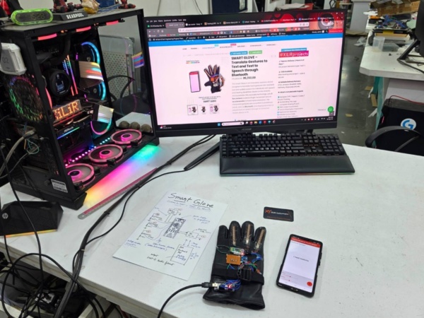 Smart glove for dumb and deaf people that translates sign language gestures into text using Arduino and flex sensors – an assistive technology engineering project.