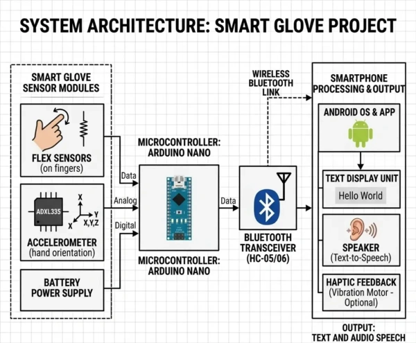 Smart glove for dumb and deaf people translating hand sign language into text using Arduino and sensors.