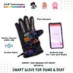 Smart glove for dumb and deaf people translating hand sign language into text using Arduino and sensors.