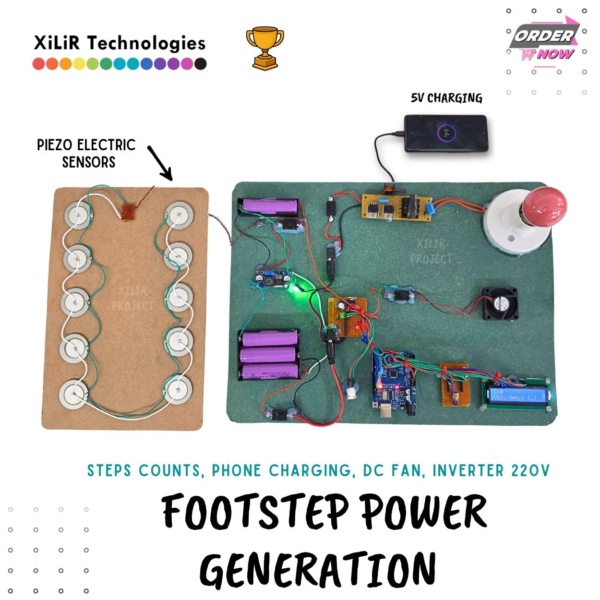Footstep Power Generation System using Piezoelectric Sensors, Arduino, Battery Storage, Phone Charging, DC Fan and 220V Inverter Footstep Power Generation System using Piezoelectric Sensors, Arduino, Voltage Booster, Battery Storage, Phone Charging, DC Fan and 220V Inverter