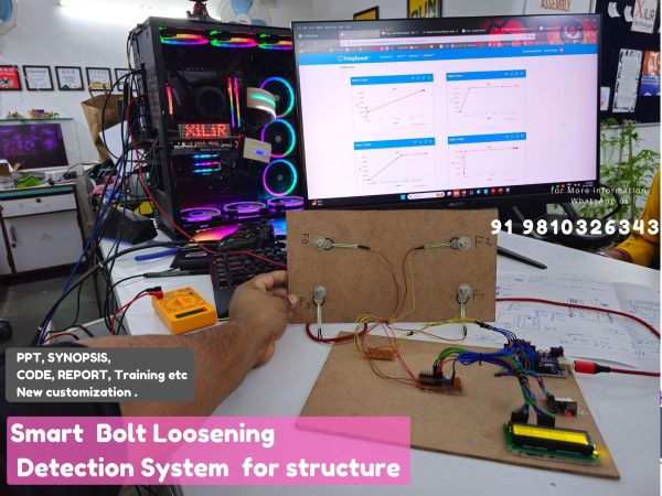 This image shows an IoT-based bolt loosening detection system implemented using Arduino, force sensors, and an LCD module.
