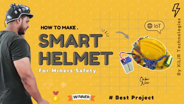 IoT smart miner helmet outfitted with gas, temperature, humidity sensors, LCD, and Wi-Fi module for real-time hazard alerts.