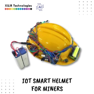 IoT smart miner helmet outfitted with gas, temperature, humidity sensors, LCD, and Wi-Fi module for real-time hazard alerts.