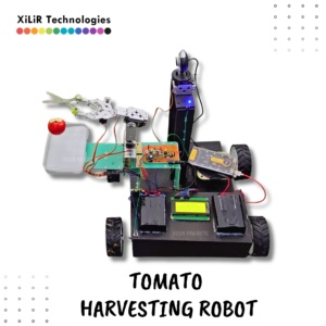 Arduino and Raspberry Pi-based Tomato Harvesting Robot with camera, robotic arm, and collector for smart agriculture automation project.