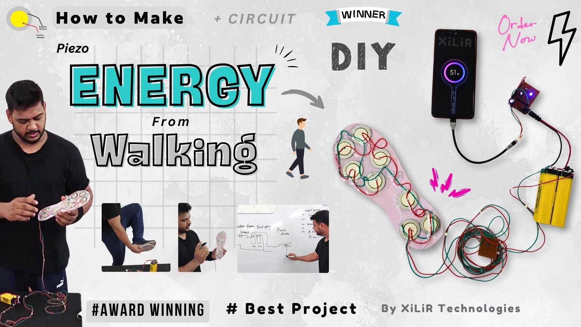 This project demonstrates piezoelectric footstep power generation combined with mobile phone charging in a portable setup.