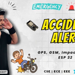 Accident Alert System using ESP32 with GPS & GSM for bike safety. Detect crashes with an accelerometer, send live location links via GSM, buzzer alerts & manual reset. Available as a complete project kit for engineering students, final year projects, capstone, and exhibitions