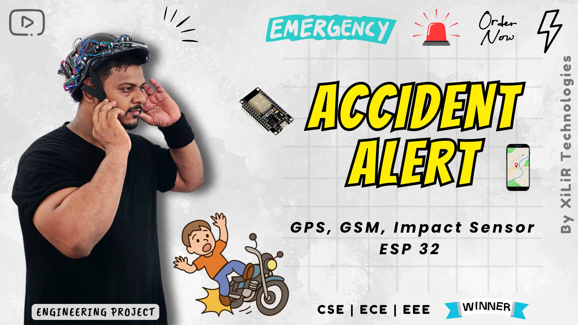Accident Alert System using ESP32 with GPS & GSM for bike safety. Detect crashes with an accelerometer, send live location links via GSM, buzzer alerts & manual reset. Available as a complete project kit for engineering students, final year projects, capstone, and exhibitions