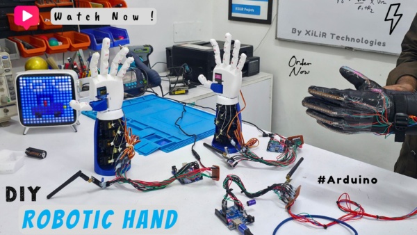 wireless robotic hand using Arduino, Arduino robotic hand nRF module, nRF24L01 robotic hand, flex sensor robotic glove, gesture controlled robotic hand,