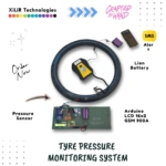 Tyre Pressure Monitoring System (TPMS) using HX710B pressure sensor, Arduino, GSM 900A module, LCD 16x2 display, lithium-ion battery, and SMS alert functionality for vehicle tyre safety monitoring