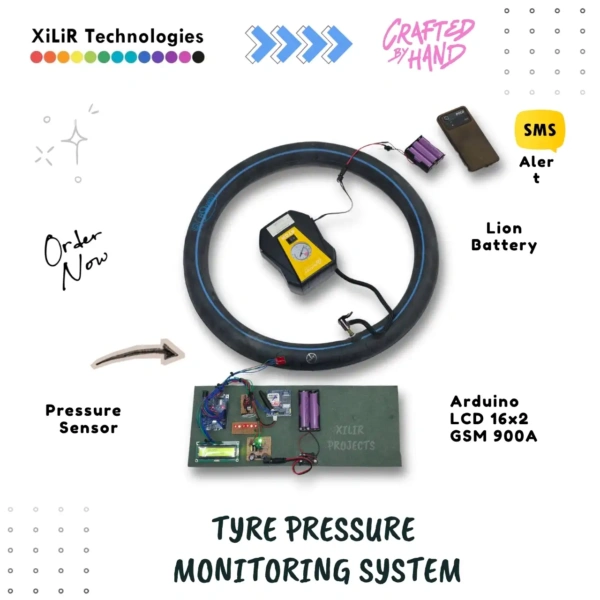 Tyre Pressure Monitoring System (TPMS) using HX710B Sensor and GSM project Tyre Pressure Monitoring System (TPMS) using HX710B pressure sensor, Arduino, GSM 900A module, LCD 16x2 display, lithium-ion battery, and SMS alert functionality for vehicle tyre safety monitoring