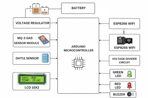 IoT food quality monitoring using MQ-3 for spoilage gases, DHT11 environment tracking, ESP8266 cloud upload.