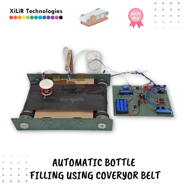 Arduino based automatic liquid filling machine using IR sensor and conveyor belt for bottle detection and automatic liquid dispensing in industrial automation projects.