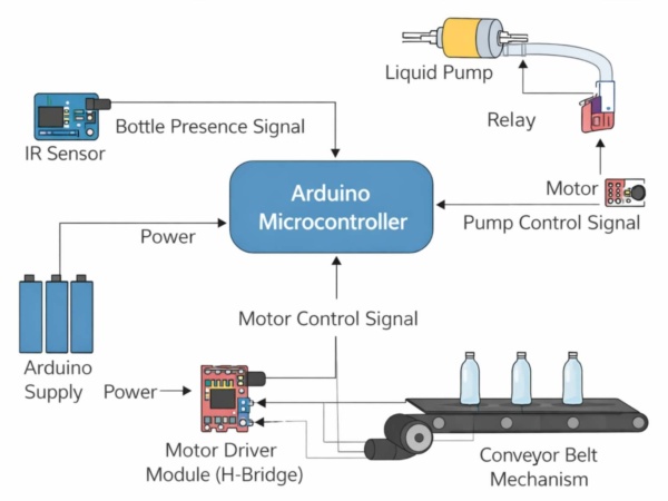 Arduino based automatic liquid filling machine using a conveyor belt mechanism and IR sensors