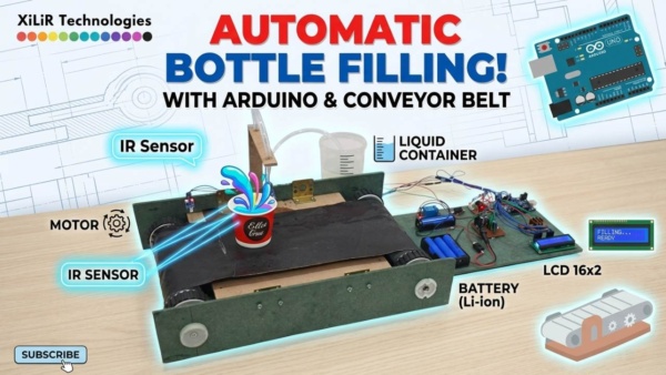 Arduino based automatic liquid filling machine using a conveyor belt mechanism and IR sensors