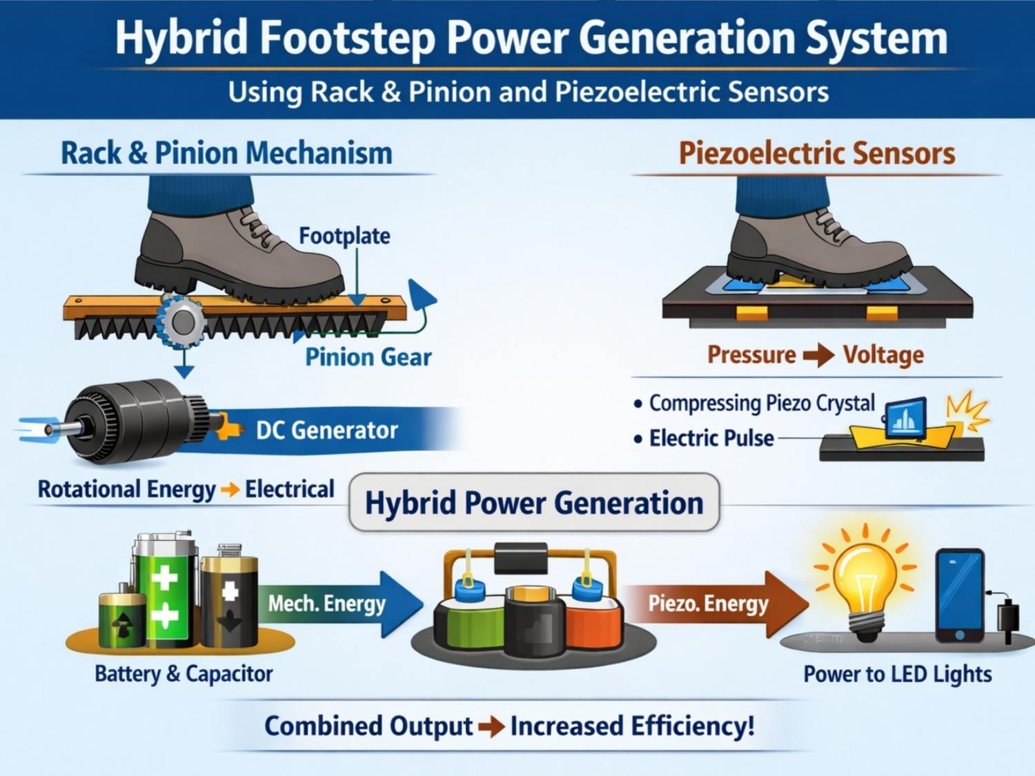 Block diagram of hybrid footstep power generation system using rack and pinion and piezoelectric sensors