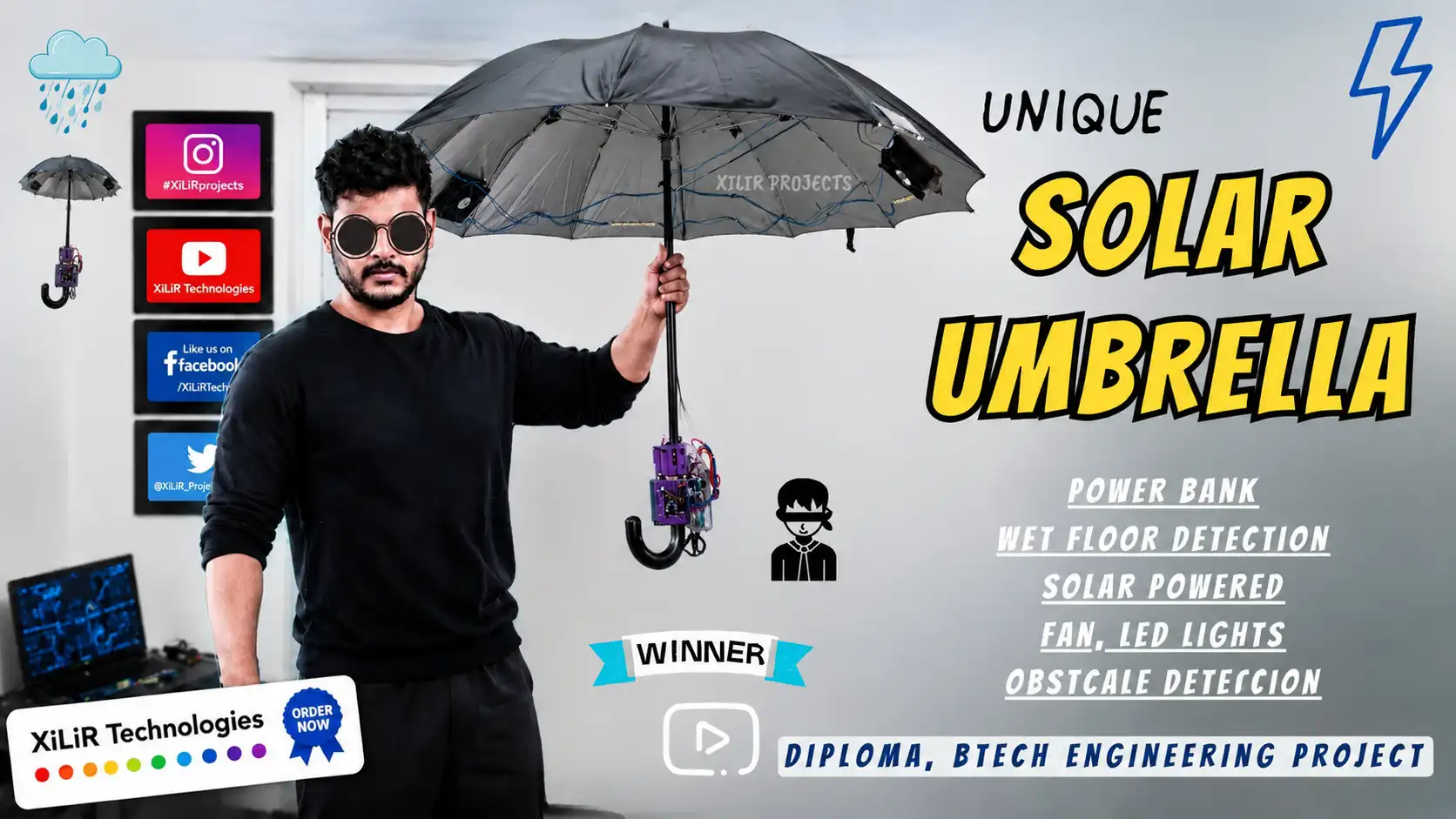 Smart Hybrid Umbrella with Blind Stick | Solar Powered Safety Umbrella