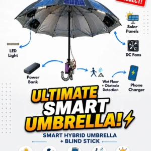 Ultimate smart umbrella project with solar panels, DC fans, LED lights, phone charging, and obstacle detection by XiLiR Technologies.