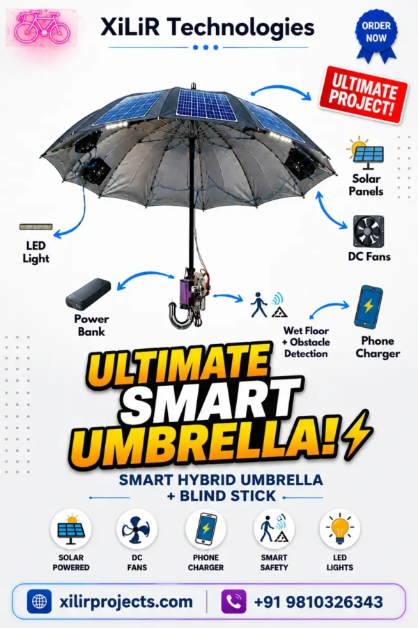 Ultimate smart umbrella project with solar panels, DC fans, LED lights, phone charging, and obstacle detection by XiLiR Technologies.
