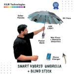 Smart Hybrid Umbrella and Blind Stick project with solar panels, LED lights, DC fans, wet floor detection, obstacle detection, and phone charging features for visually impaired safety and smart travel assistance.