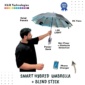 Smart Hybrid Umbrella and Blind Stick project with solar panels, LED lights, DC fans, wet floor detection, obstacle detection, and phone charging features for visually impaired safety and smart travel assistance.