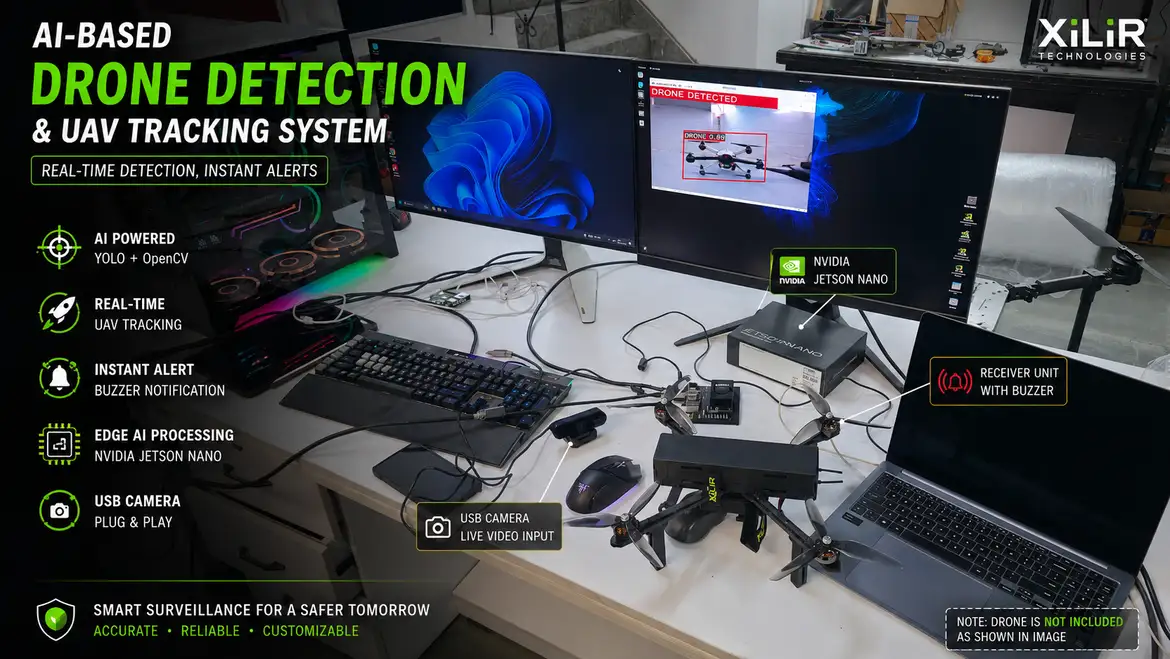 AI Powered Drone Detection System using NVIDIA Jetson Orin Nano with RF detection, real-time drone tracking, AI computer vision, and live monitoring dashboard by XiLiR Technologies.